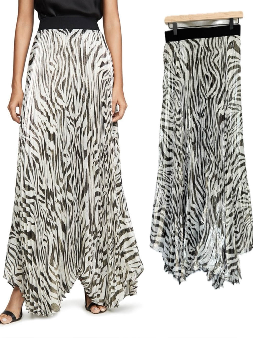 Alice + Olivia Katz Silk Sunburst Pleated White Black Animal Maxi Skirt S (4)